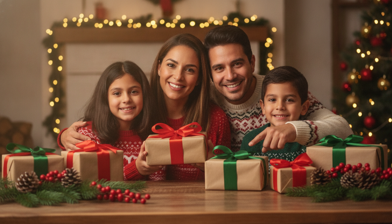 Elegantly wrapped Christmas gifts on a wooden table with warm lights and pine branches in the background.